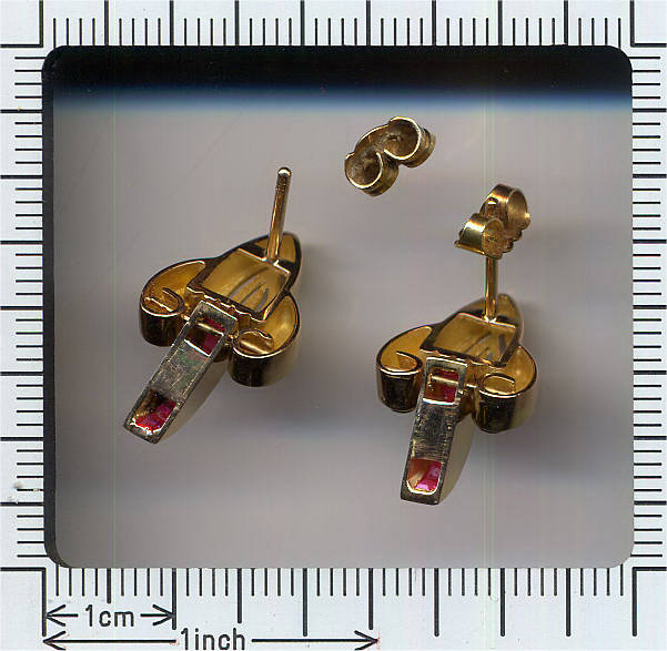 Retro gold ruby drop earrings channel setting, circa 1940's